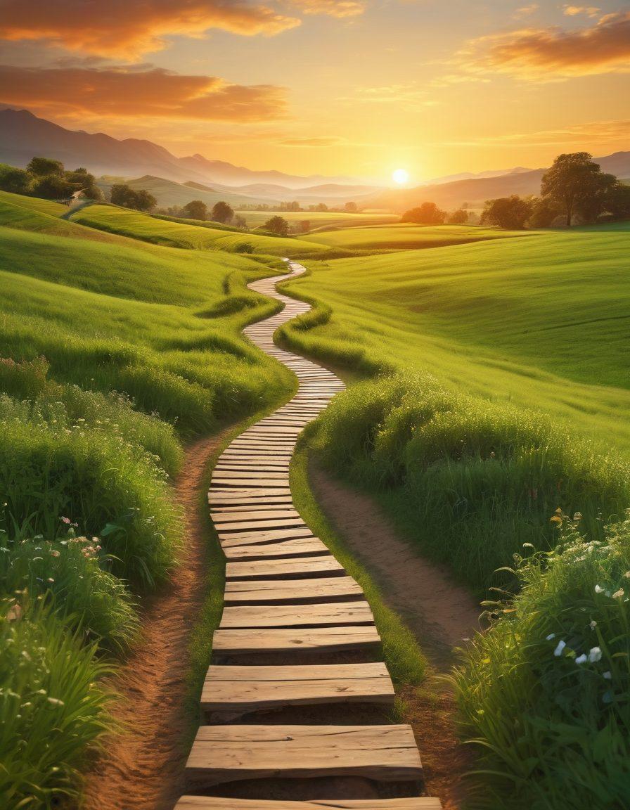 A serene landscape depicting a winding path through lush green fields, symbolizing a journey. Alongside the path, diverse individuals of various ages and backgrounds are engaging in wellness activities like yoga, meditation, and healthy cooking. In the background, a warm sunset enhances the hopeful atmosphere, while subtle icons of medical resources float gently above the scenery. super-realistic. vibrant colors. warm tones.