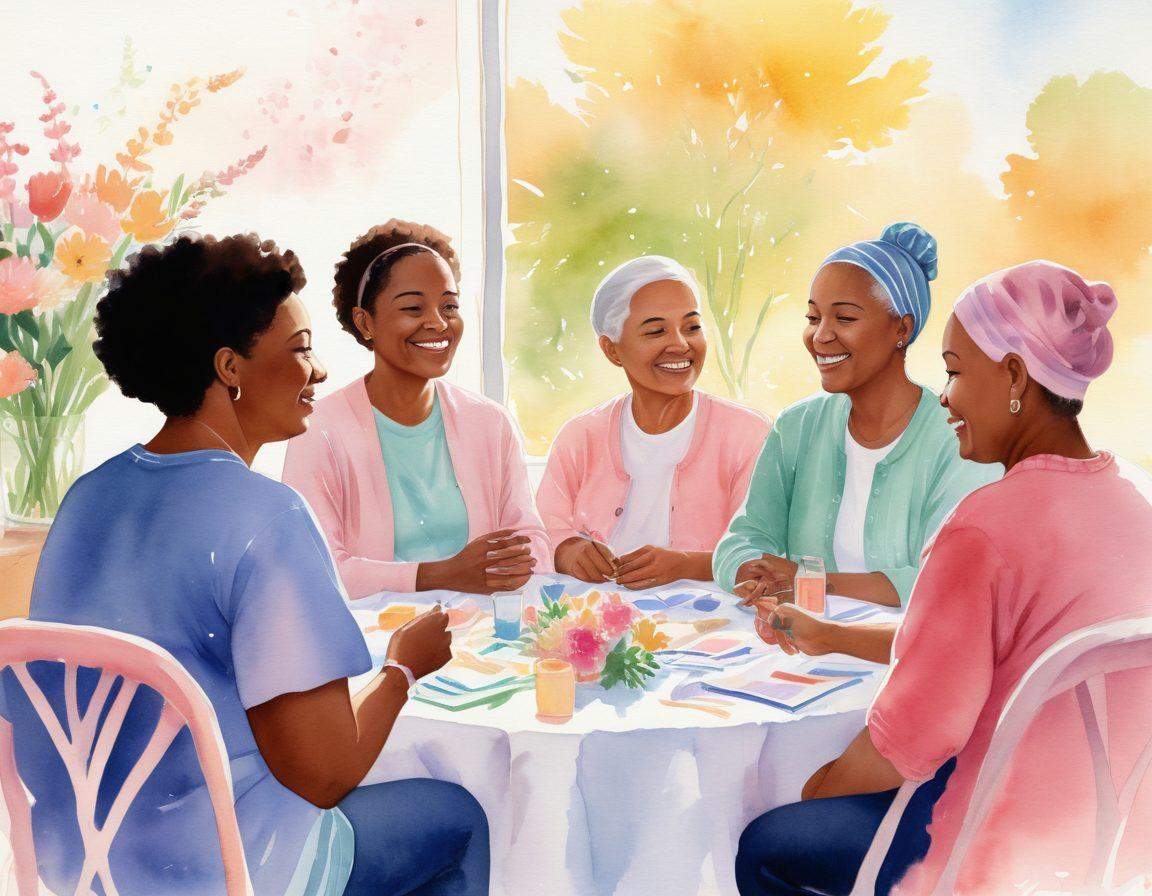 A warm, inviting scene depicting a diverse group of cancer survivors sharing their inspiring stories in a sunlit support group setting, surrounded by soft pastel colors. Include symbols of hope like ribbons and blooming flowers in the background, while displaying emotions of resilience and compassion among the participants. The atmosphere should be uplifting, reflecting empowerment through shared experiences. watercolor illustration. vibrant colors. soft focus.