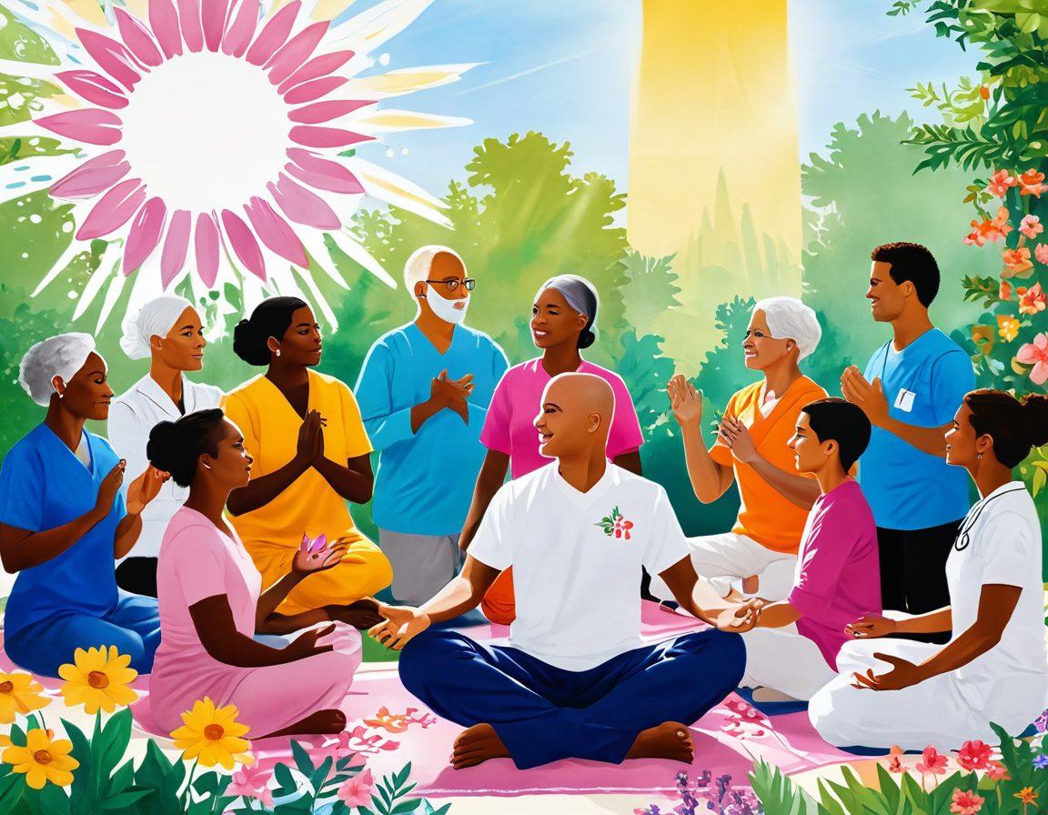 A supportive and uplifting scene depicting a diverse group of cancer survivors and healthcare professionals engaged in a positive discussion, surrounded by symbols of hope like blooming flowers and bright sunlight. Include elements representing oncology news, such as charts and medical articles, alongside wellness tips like yoga mats and healthy food. The atmosphere should radiate empowerment and community, encouraging resilience and hope. super-realistic. vibrant colors. warm tones.